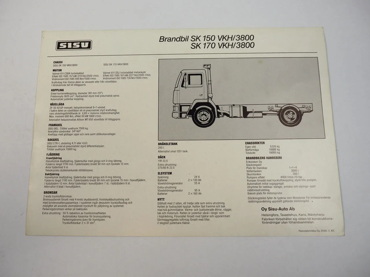 Sisu SK 150 170 LKW Feuerwehr Brandbil Prospekt Brochure 1983 Finnland