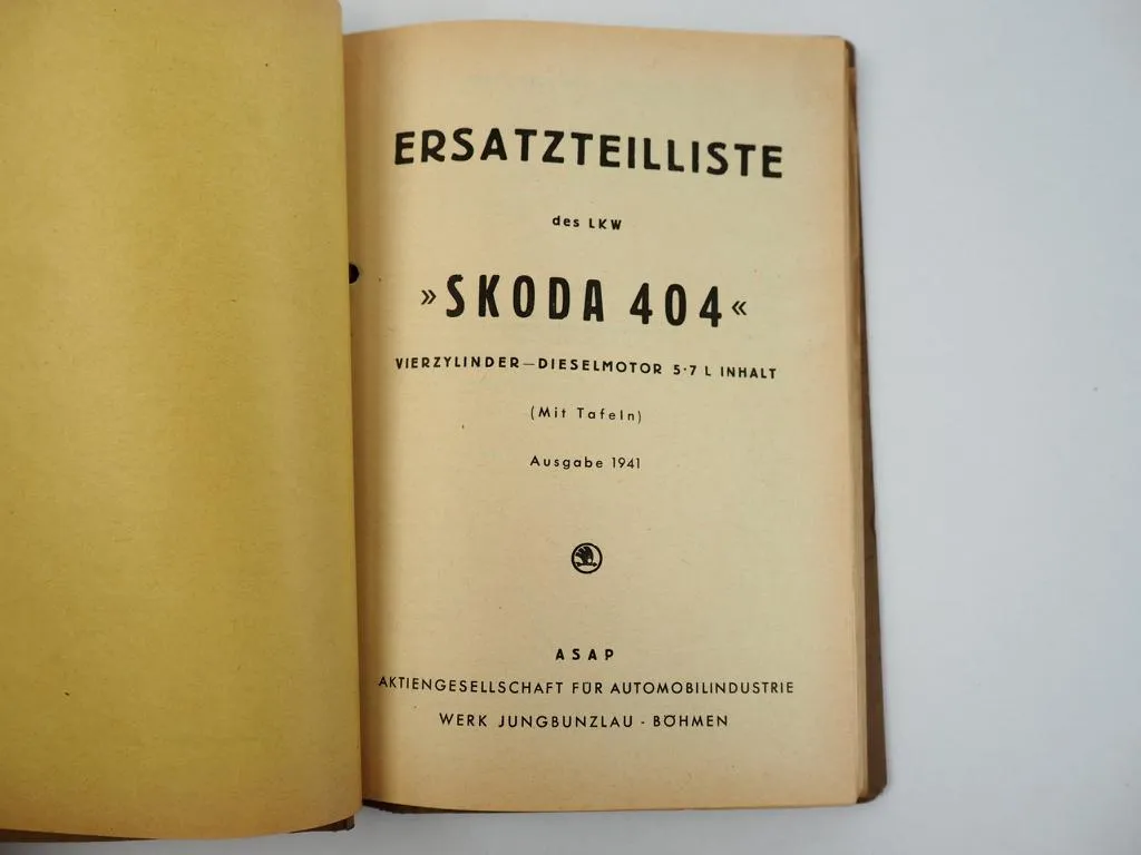 Skoda 404 LKW mit 4 Zylinder Dieselmotor 5.7l Ersatzteilliste und Nachtrag 1941
