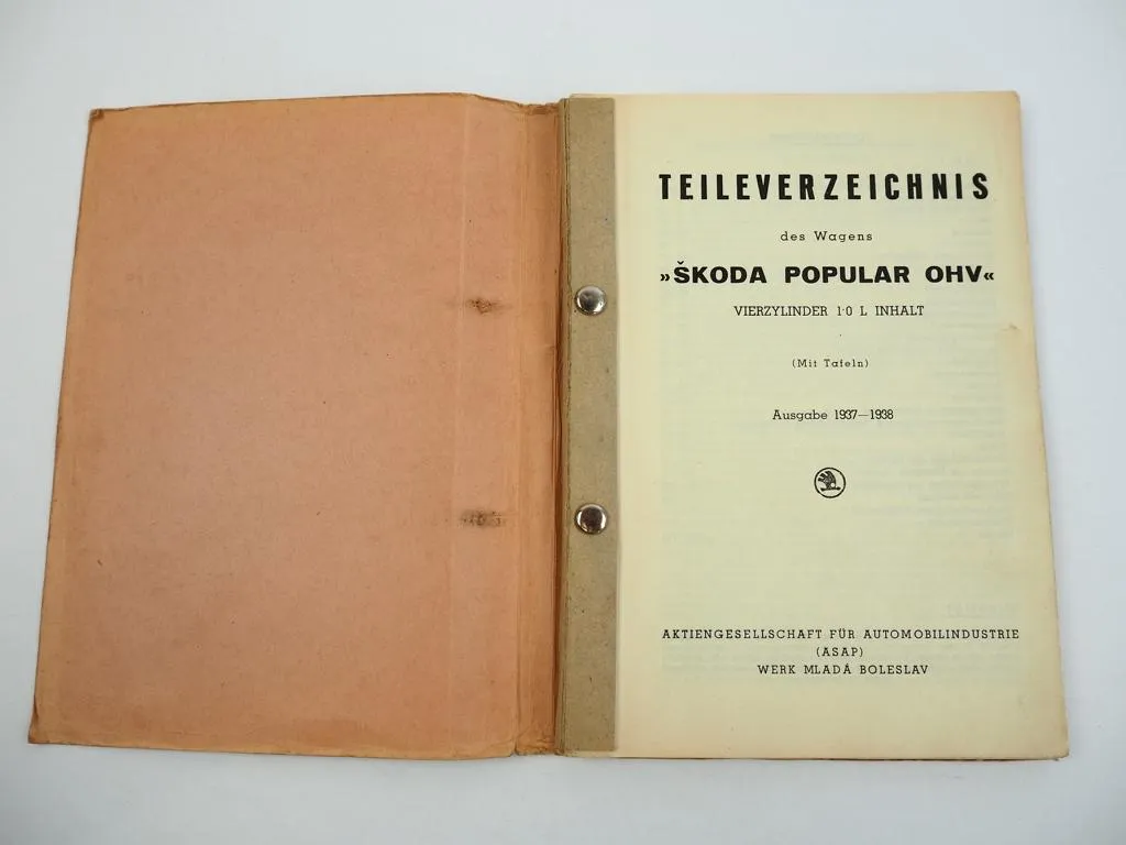 Skoda Popular OHV Vierzylinder 1,0l Ersatzteilliste 1937 bis 1938