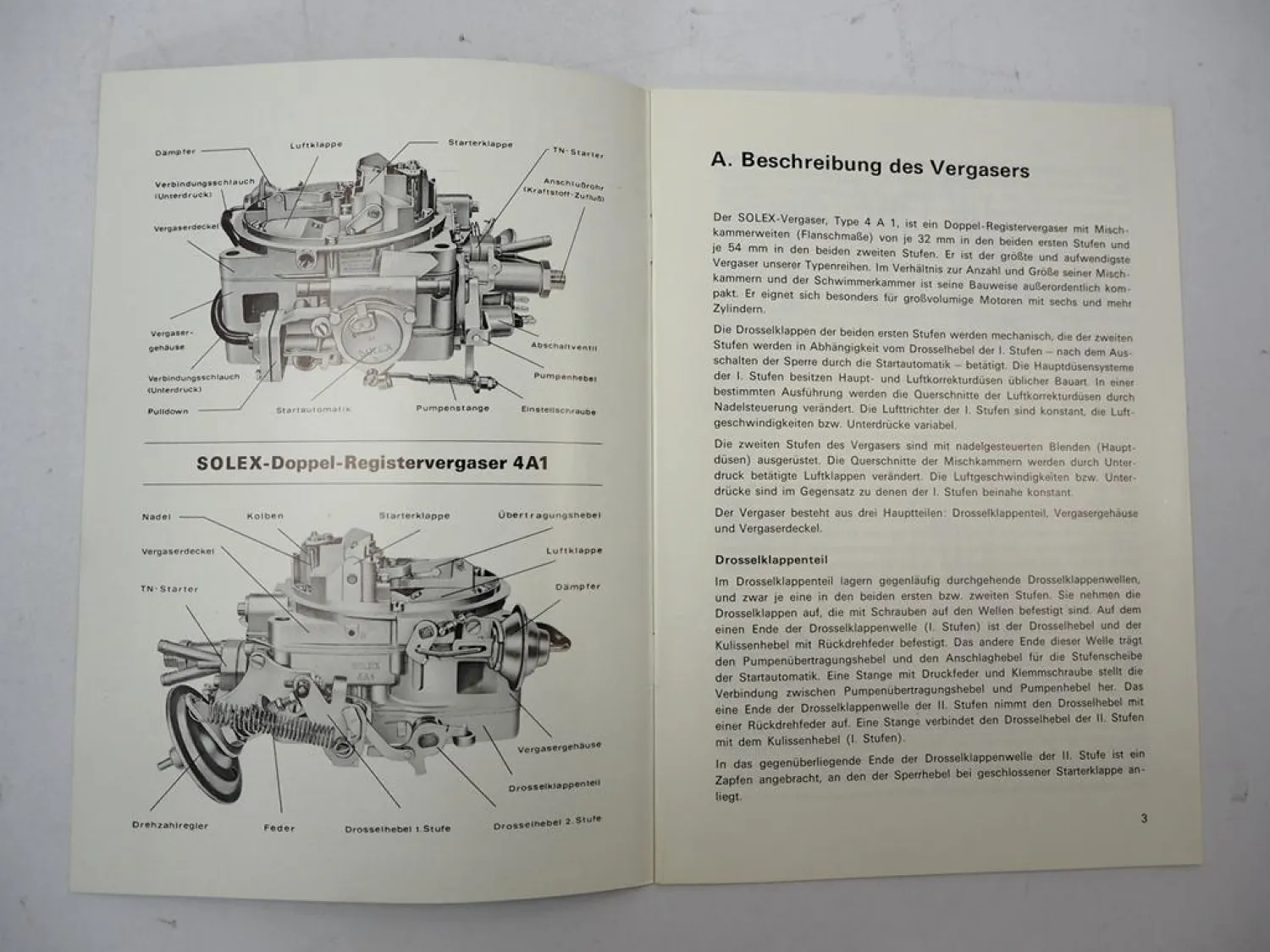 Solex 4A1 Doppel-Register-Vergaser Betriebsanleitung 1974 BMW Mercedes Opel