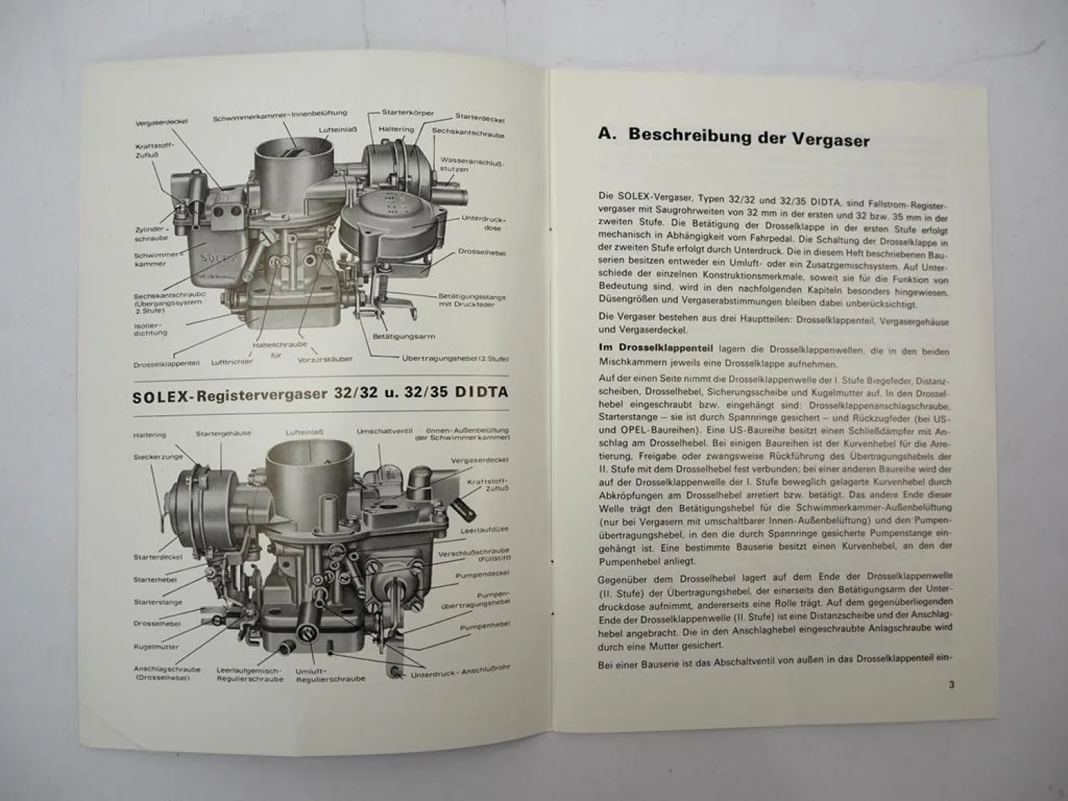 Solex Registervergaser 32/32 32/35 DIDTA Betriebsanleitung Opel BMW Audi VW 1974