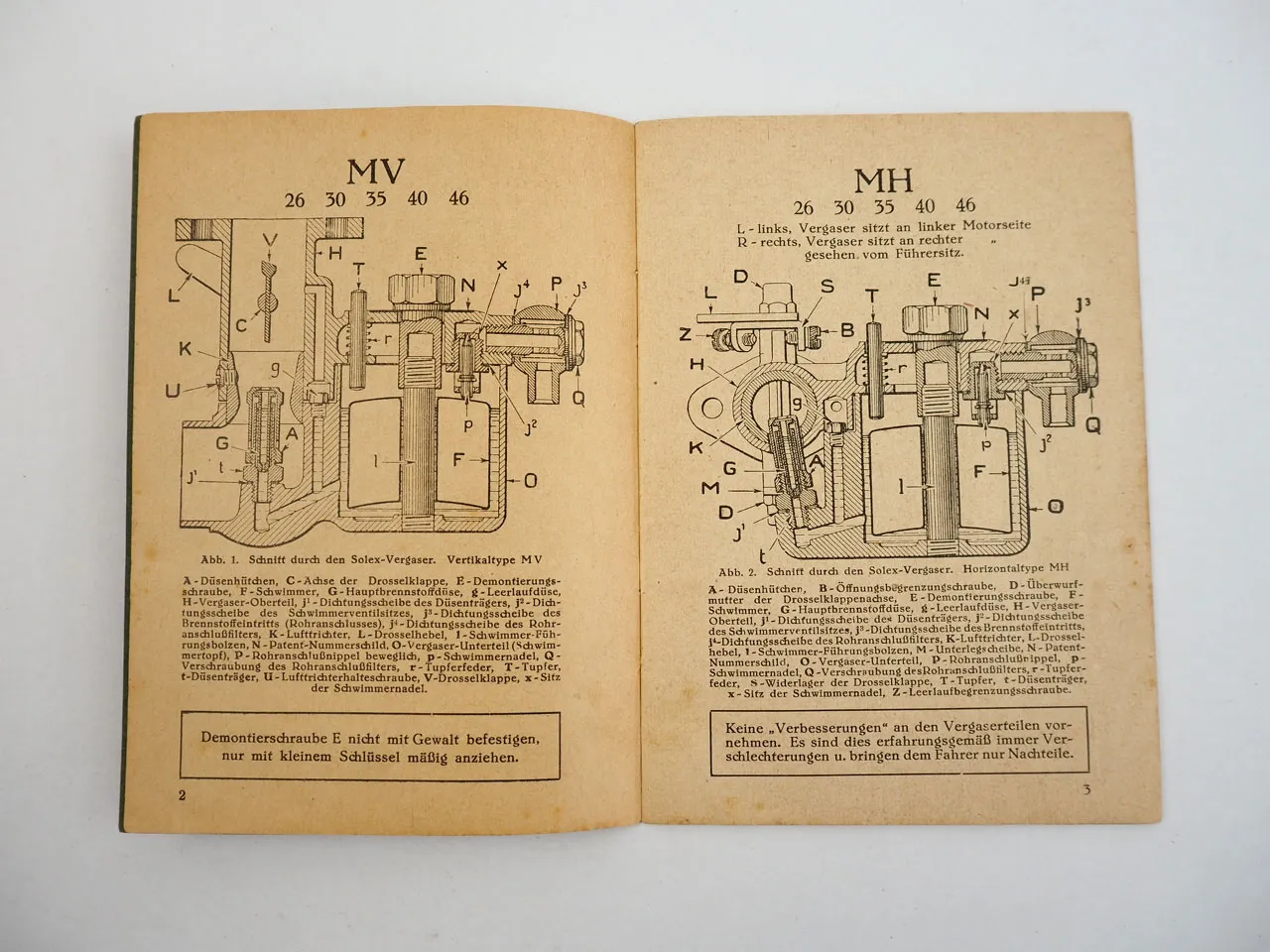 Solex Vergaser MO MV MH Betriebsanweisung Einstellung ca. 1930/40er Jahre