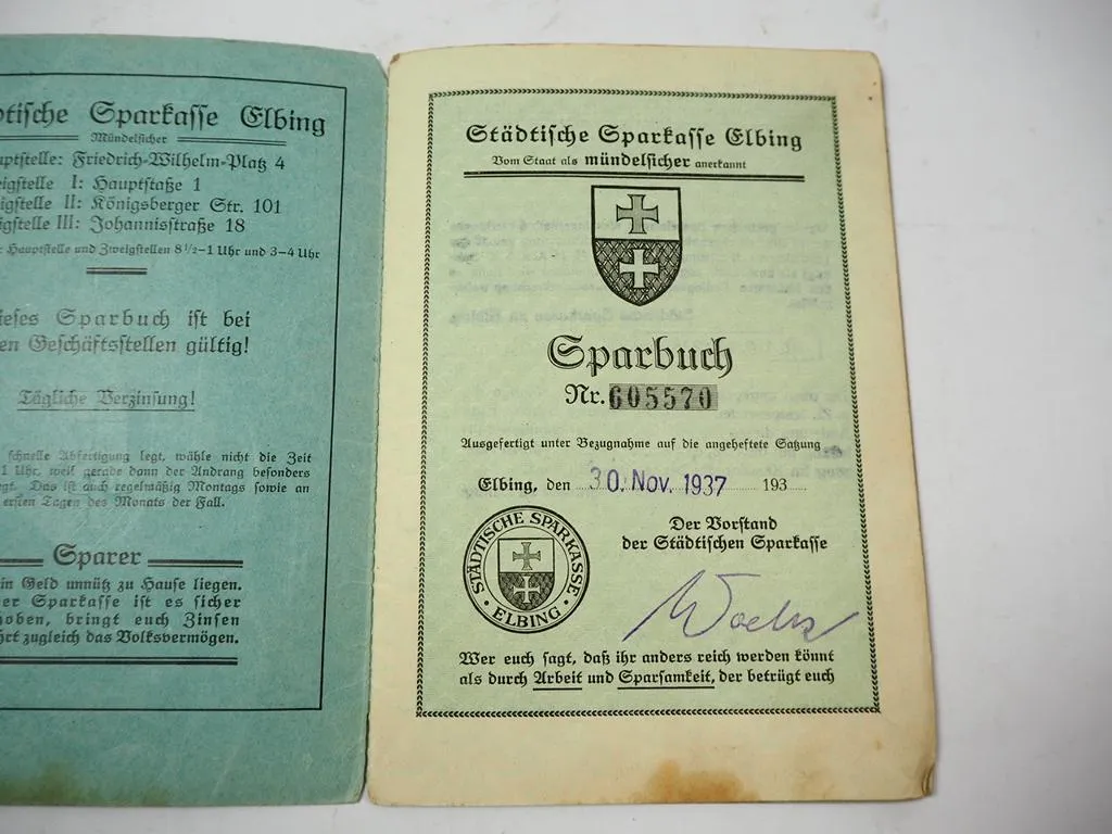 Sparbuch Elbing Ostpreussen Polen 1937 Lessingstr. 18 Ausgleichsgutschrift 1954