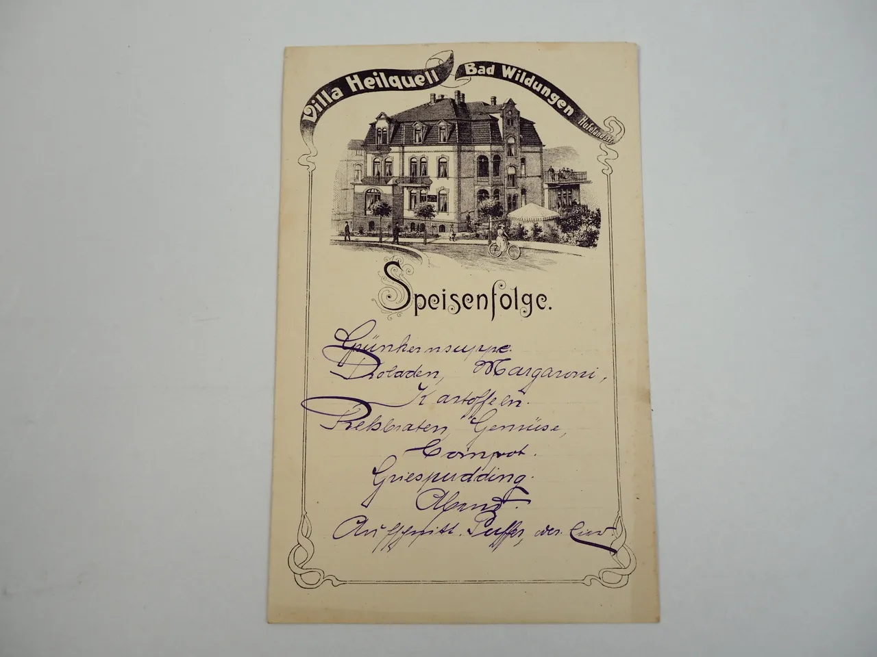 Speisekarte Speisenfolge Villa Heilquell Bad Wildungen Hufelandstrasse 15 um1900
