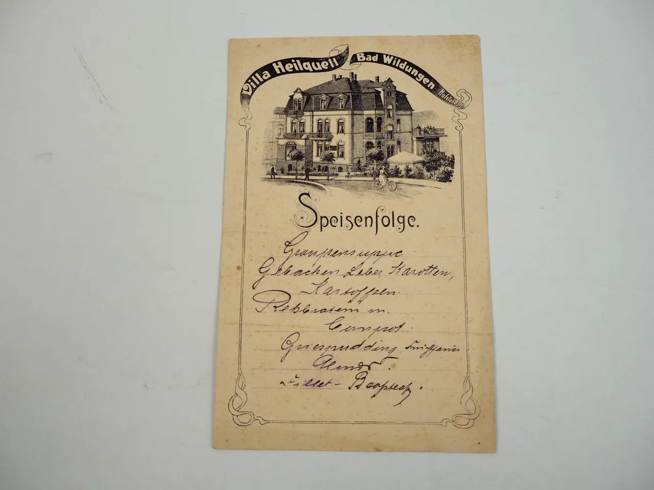 Speisekarte Villa Heilquell Bad Wildungen Hufelandstrasse Speisenfolge ca. 1900