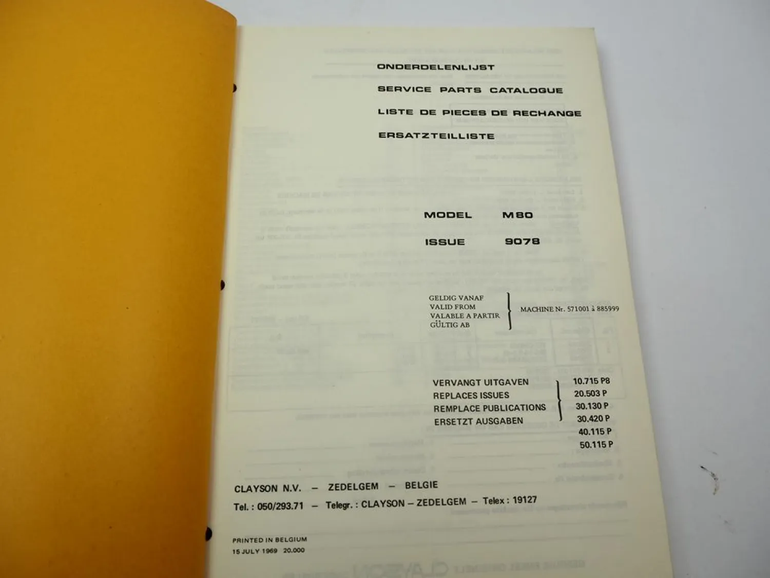 Sperry Clayson M80 Combine Mähdrescher Ersatzteilliste Parts List 1969