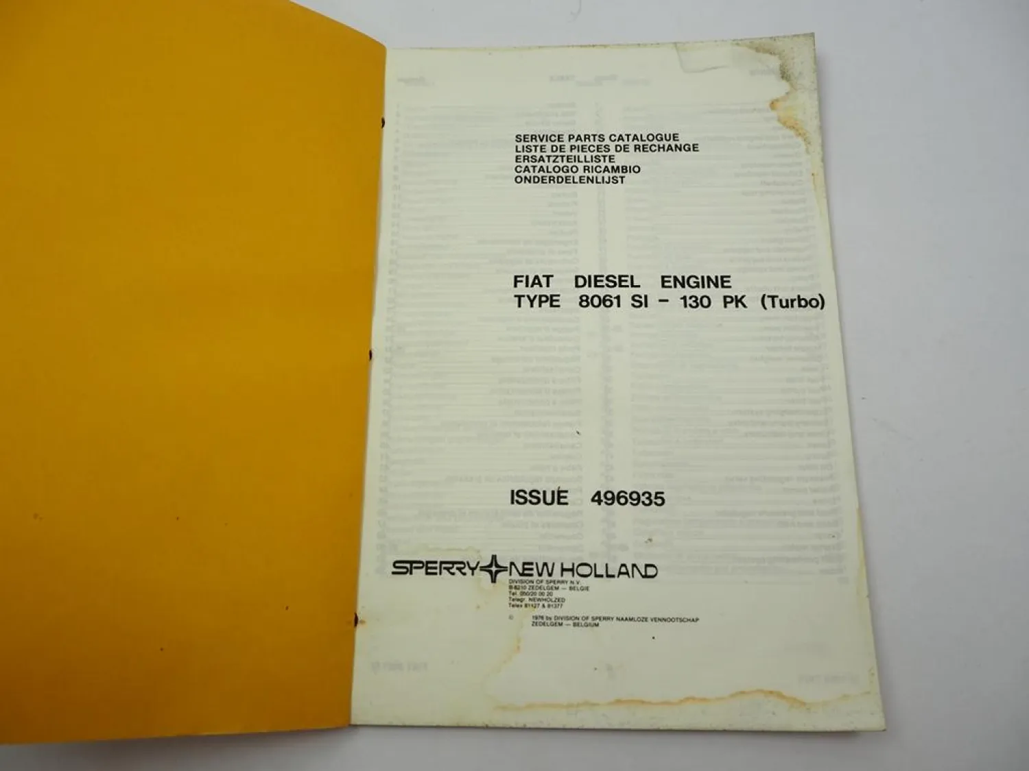 Sperry New Holland Fiat Diesel Engine 8061 SI-130 PK Combine Parts List 1981