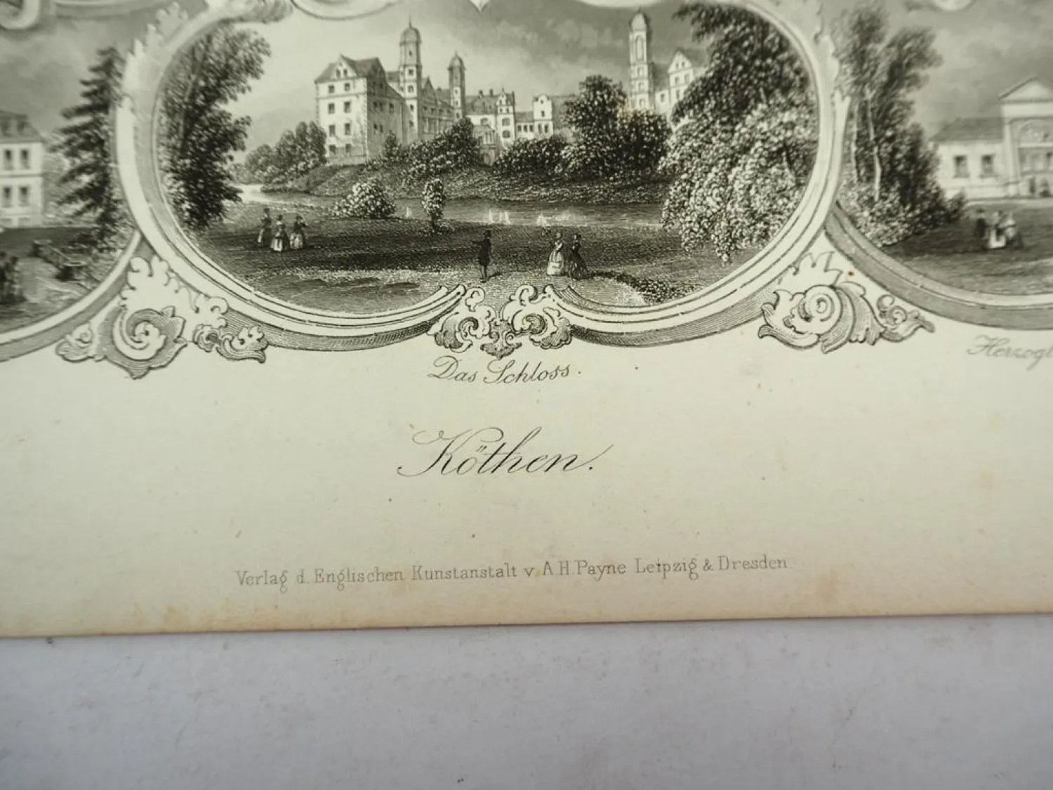 Stahlstich Köthen Anhalt Schloss Bahnhof Kirche Geutz ca. 1850 A. H. Payne