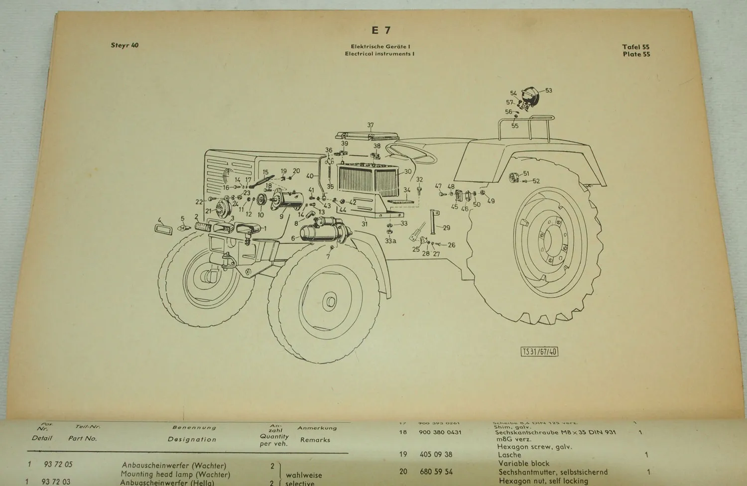 Steyr 3-Zyl. Dieseltraktor Typ 40 und 40a Ersatzteilliste Parts LIst 1967