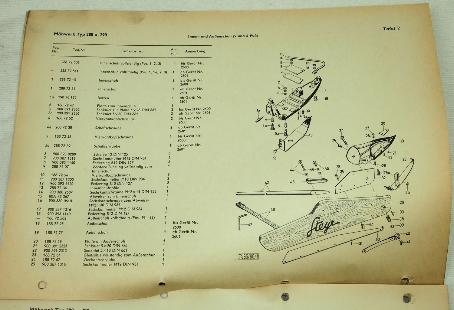 Steyr Anbaumähwerk zum 4-Zyl. Dieselschlepper Typ 288 und 290 Ersatzteilliste