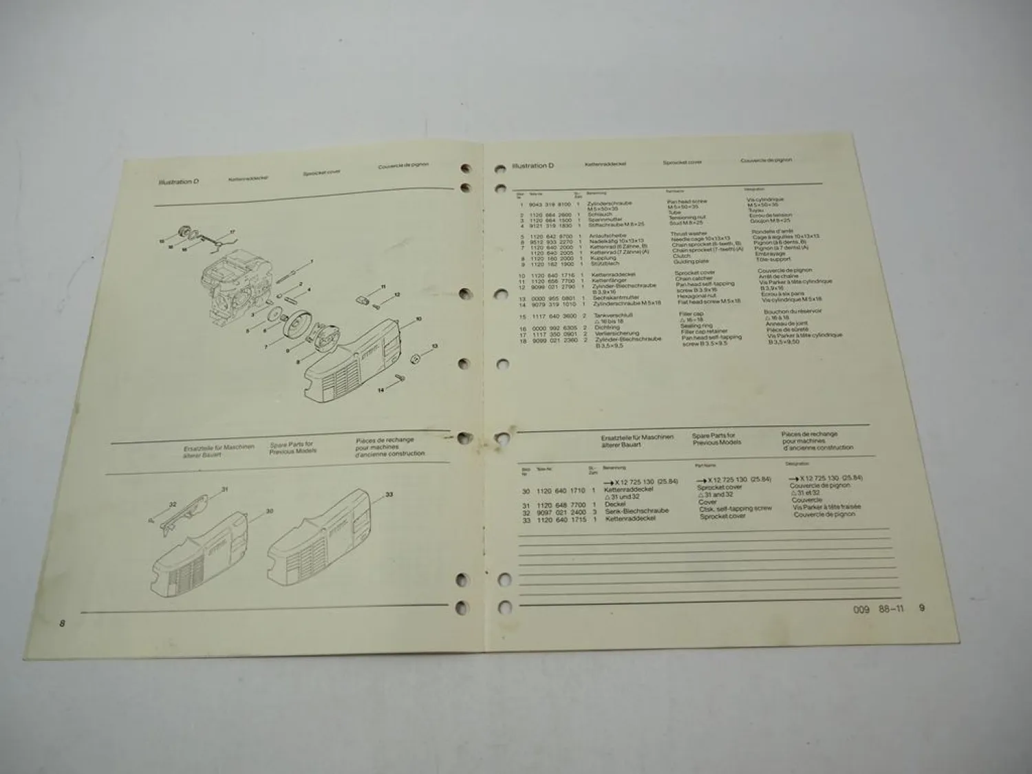 Stihl 009 Kettensäge Ersatzteilliste Spare Parts List Liste des pieces 1988