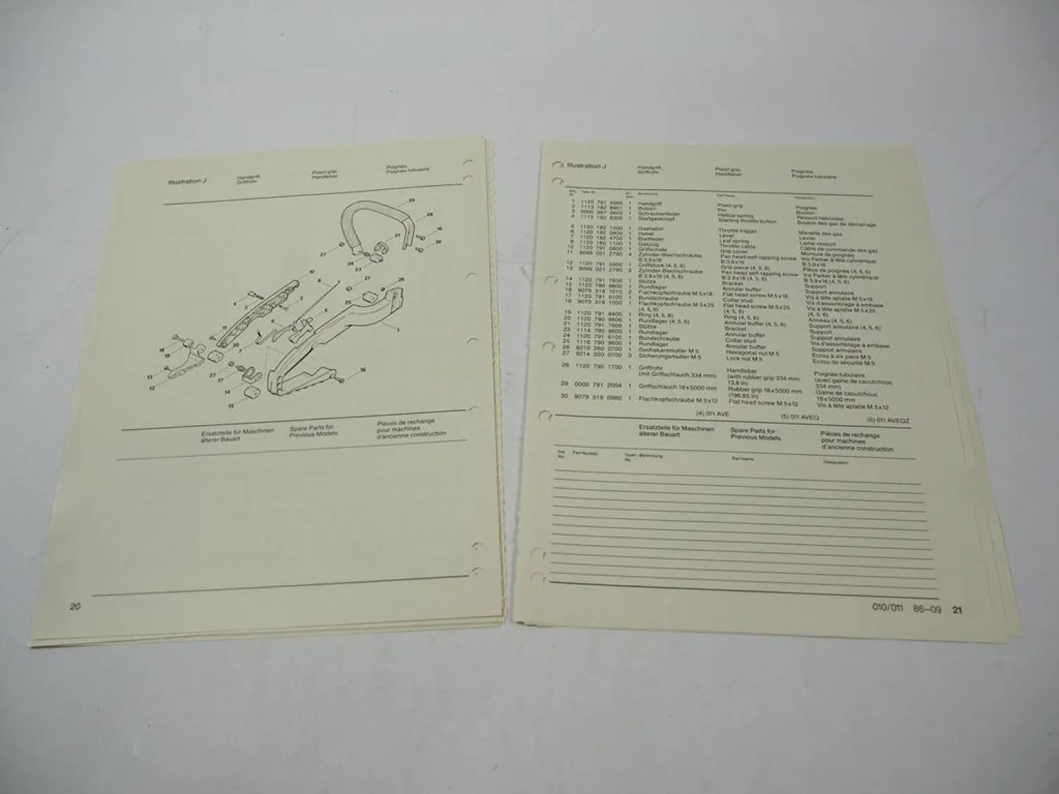 Stihl 010 011 Kettensäge Ersatzteilliste Spare Parts List Liste des pieces 1986