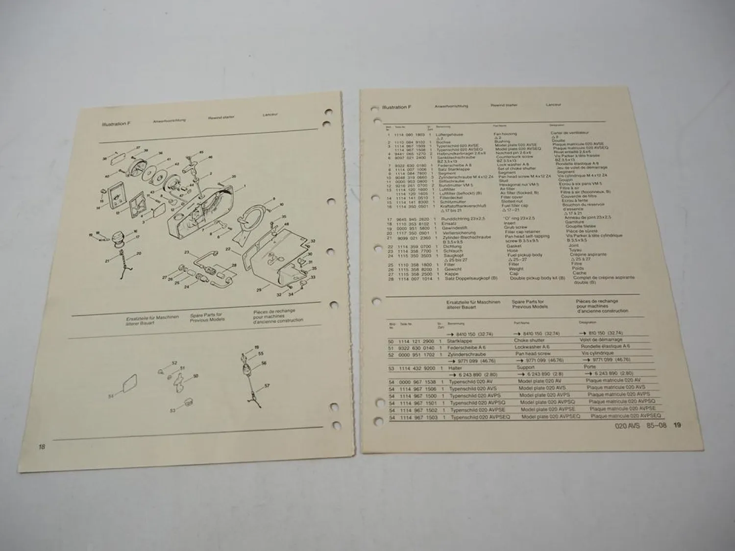 Stihl 020 Kettensäge Ersatzteilliste Spare Parts List Liste des pieces 1985