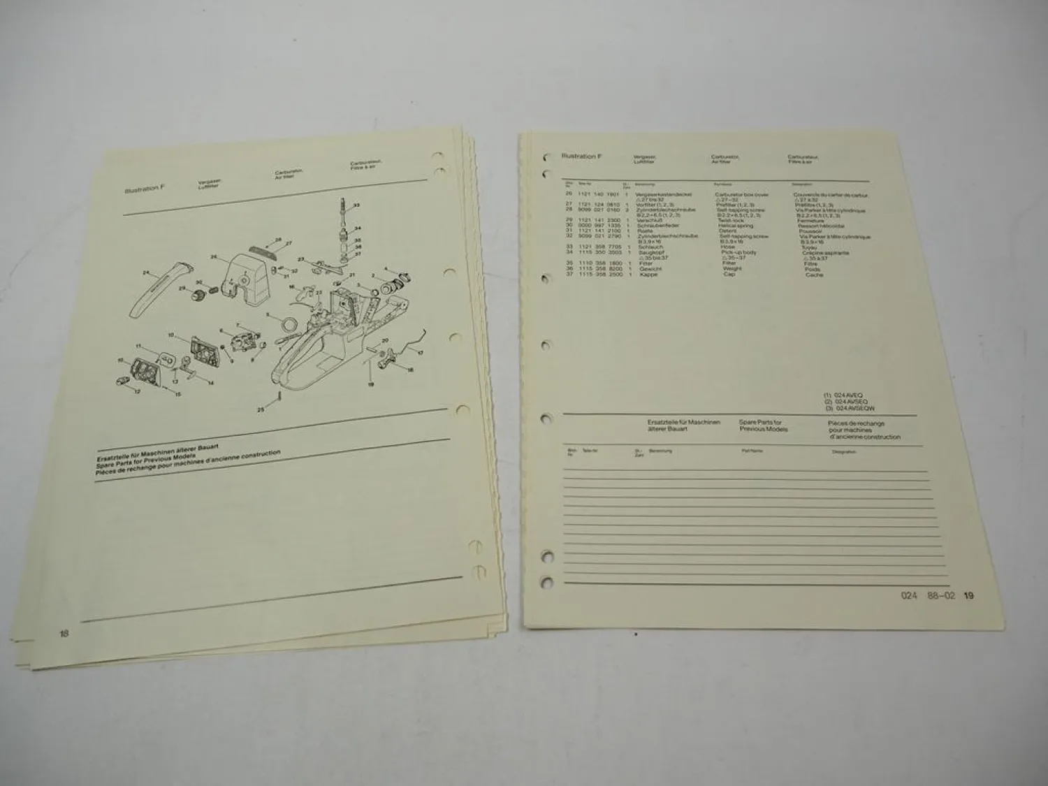 Stihl 024 Kettensäge Ersatzteilliste Spare Parts List Liste des pieces 1988