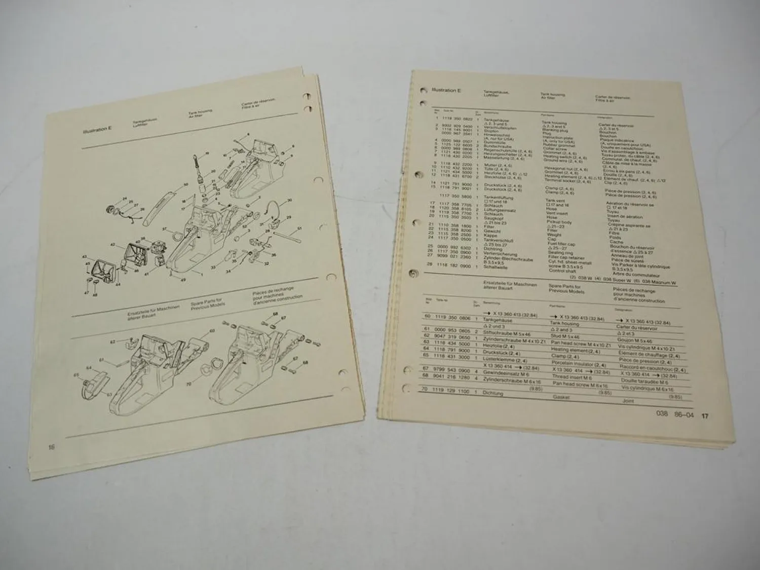 Stihl 038 Kettensäge Ersatzteilliste Spare Parts List Liste des pieces 1986