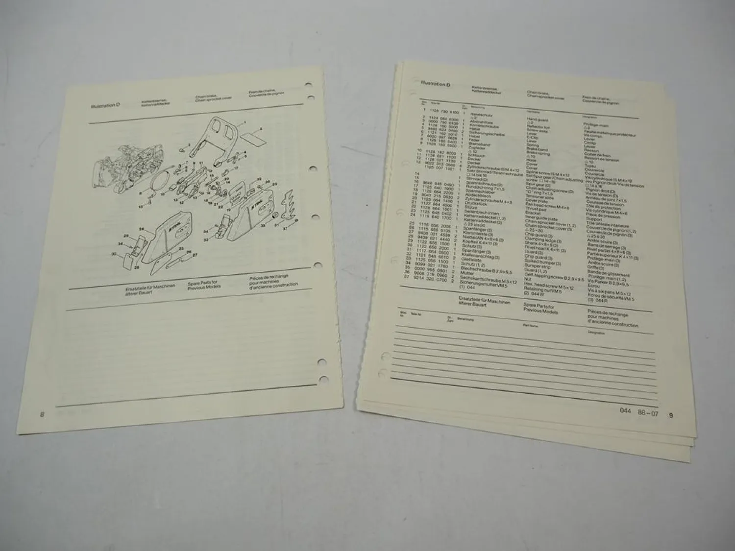 Stihl 044 Kettensäge Ersatzteilliste Spare Parts List Liste des pieces 1988