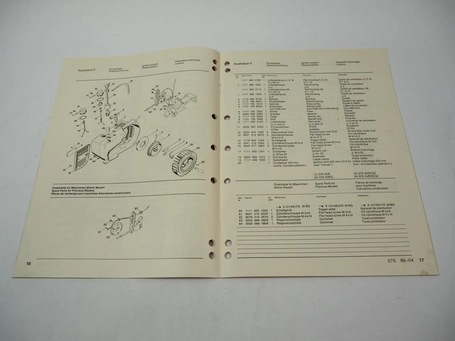 Stihl 076 Kettensäge Ersatzteilliste Spare Parts List Liste des pieces 1986