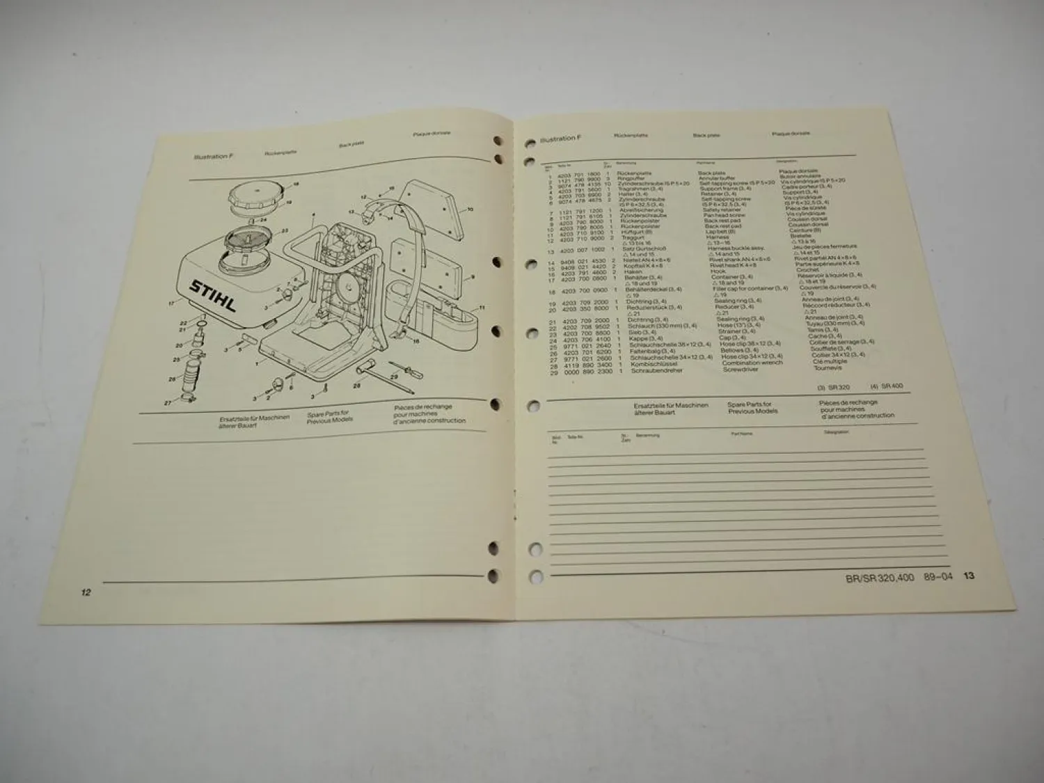 Stihl BR SR 320 400 Laubbläser Ersatzteilliste Spare Parts List Liste pieces 89