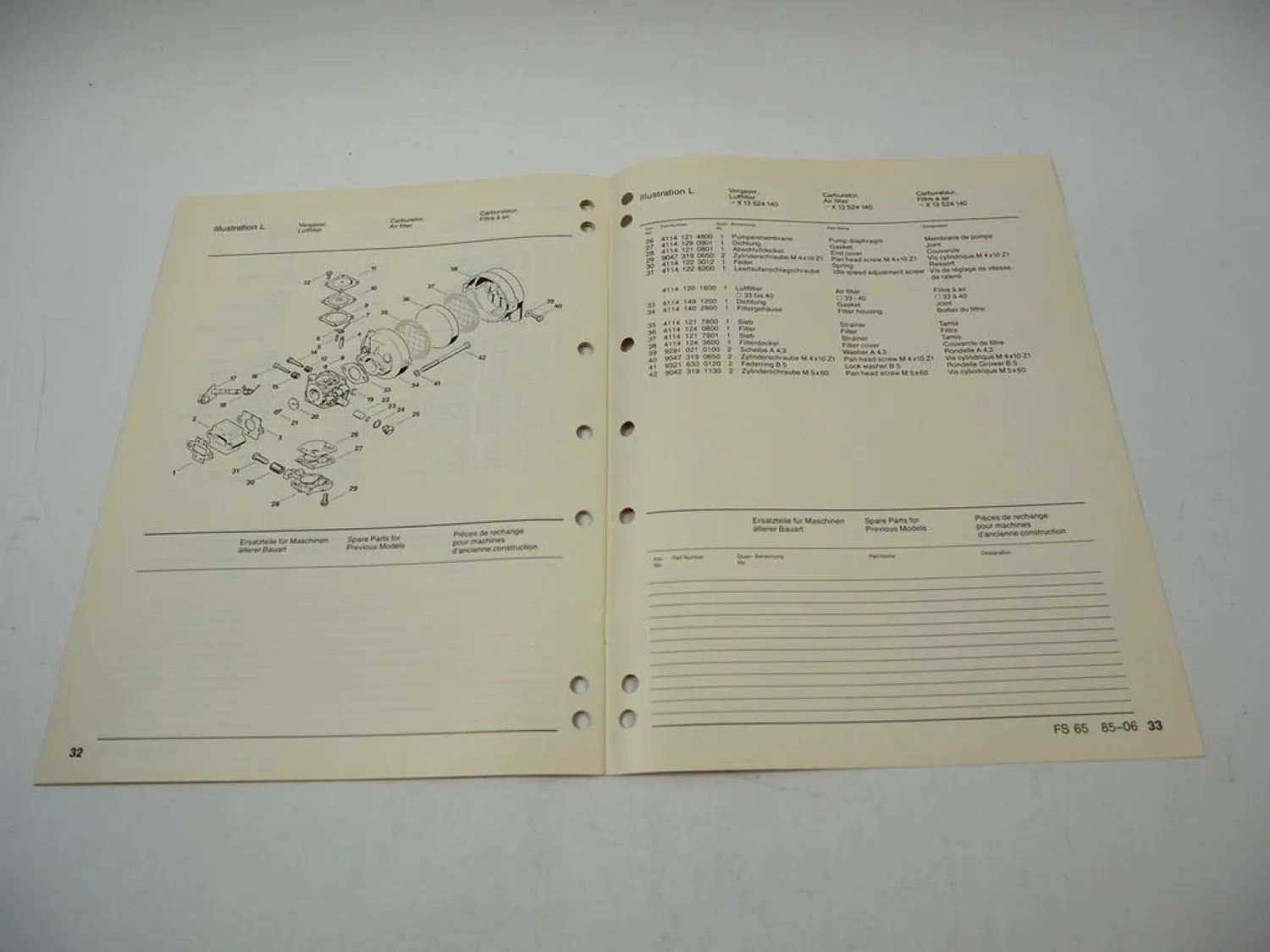 Stihl FS 65 Freischneider Ersatzteilliste Spare Parts List Liste des pieces 1985