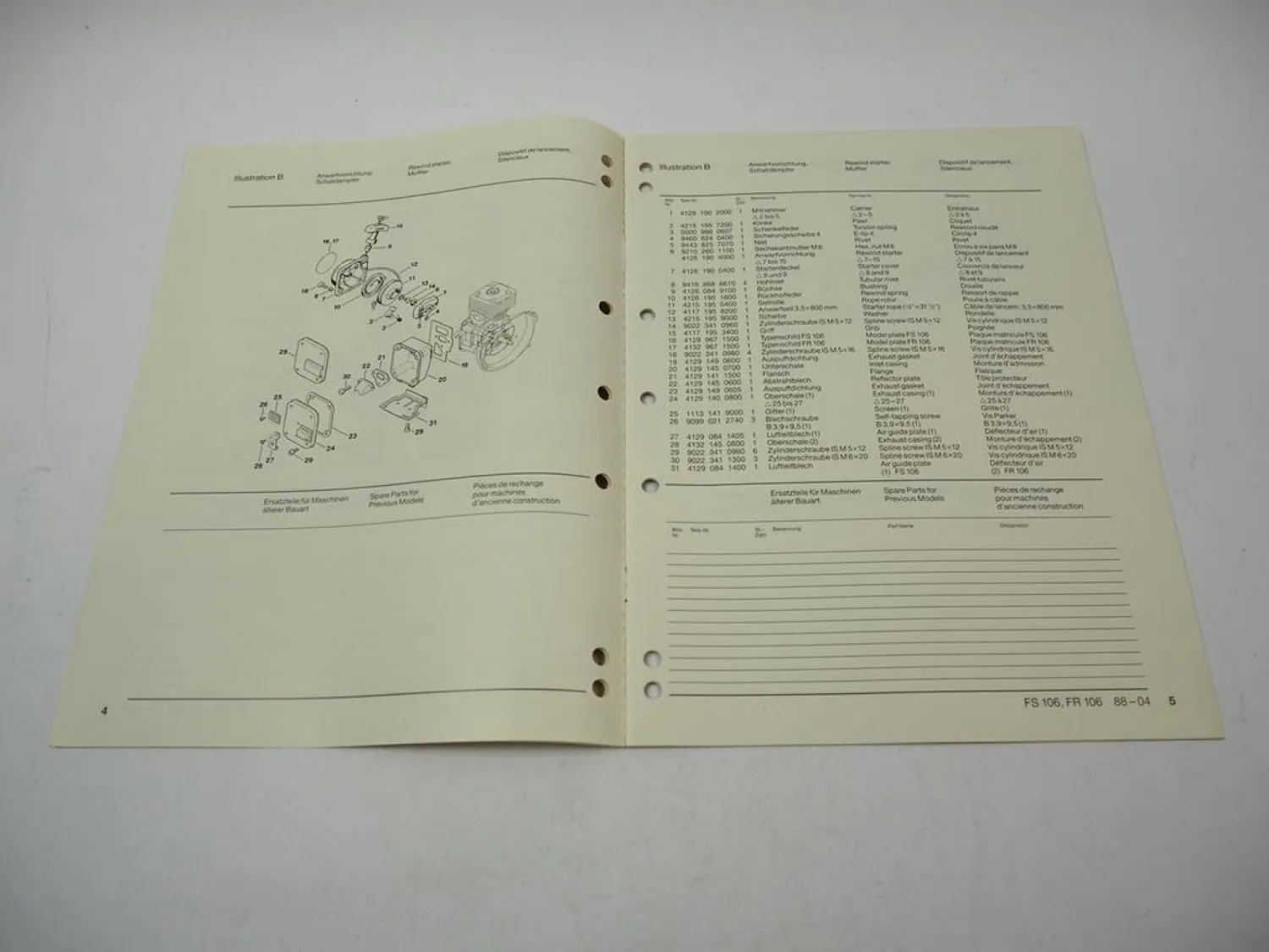 Stihl FS FR 106 Freischneider Ersatzteilliste Spare Parts List Liste pieces 1988