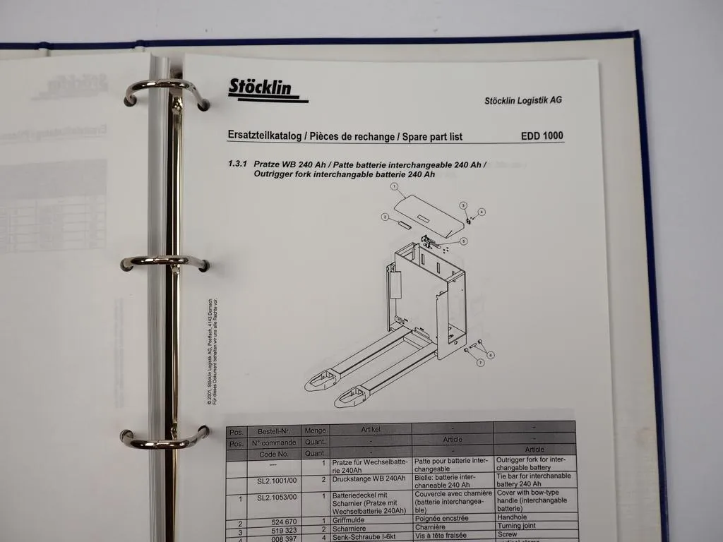 Stöcklin EDD1000 Hochhubwagen Wartungsanleitung Ersatzteilkatalog 2001