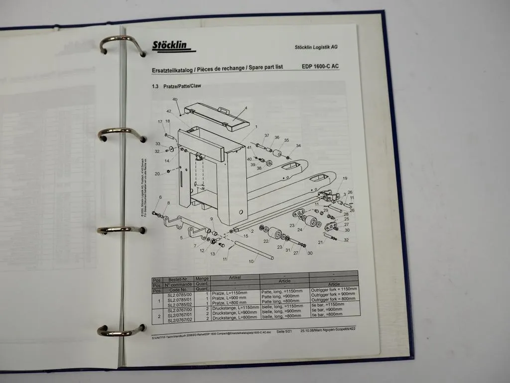 Stöcklin EDP1600-C Elektro-Hubwagen Wartungsanleitung Ersatzteilkatalog 2000