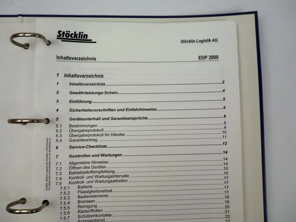 Stöcklin EDP2000 Elektro-Hubwagen Wartungsanleitung Ersatzteilkatalog 2000