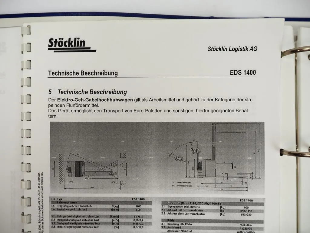 Stöcklin EDS1400 Hochhubwagen Bedienungsanleitung Ersatzteilkatalog 2001