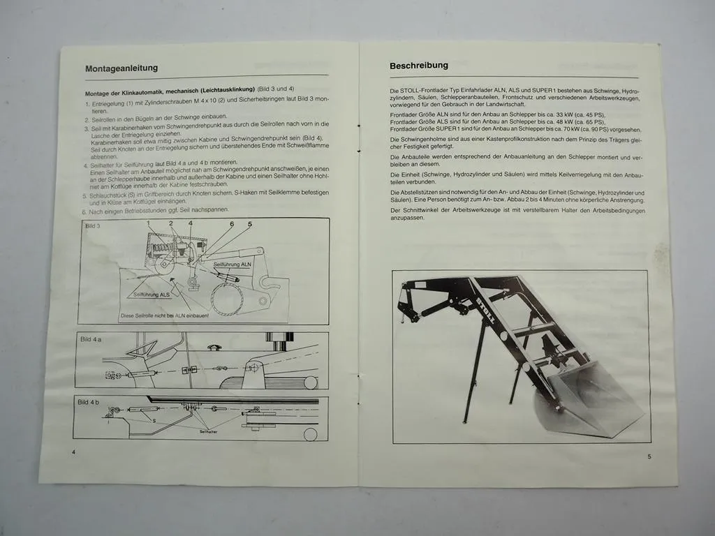 Stoll ALN ALS Super1 Einfahr Frontlader Betriebsanleitung Ersatzteilliste 1985