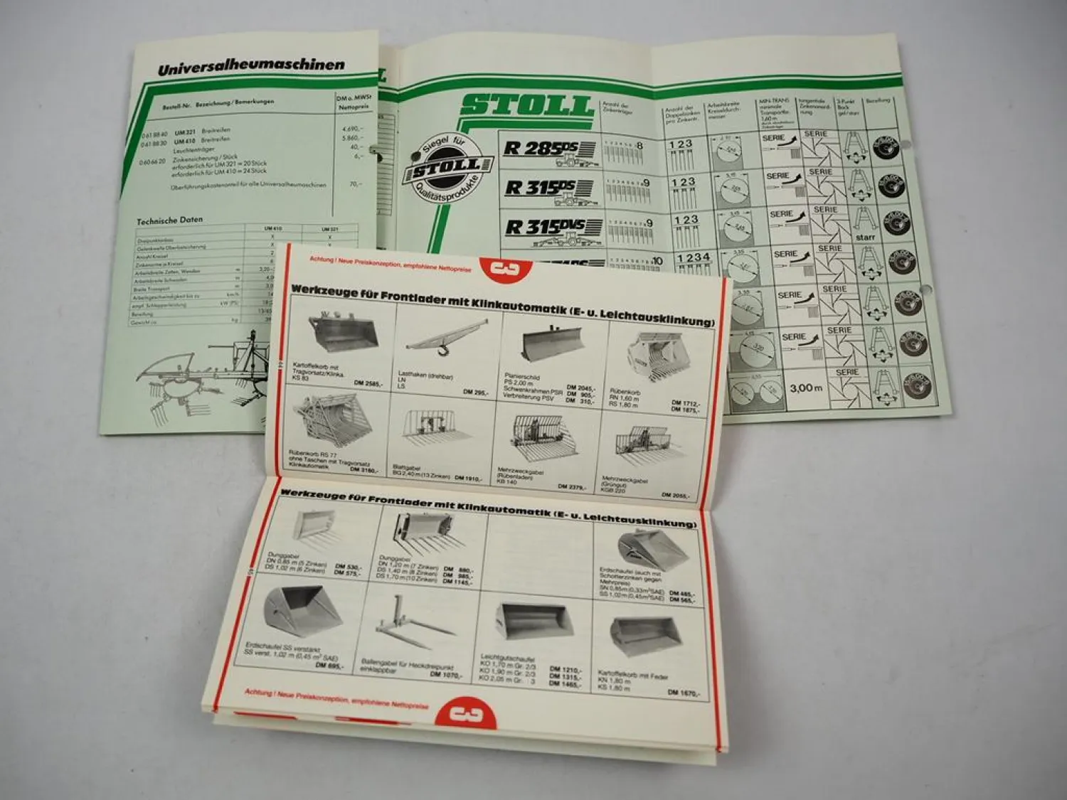 Stoll Frontlader Mähwerke Zettwender Schwader 2x Preisliste 1988/89