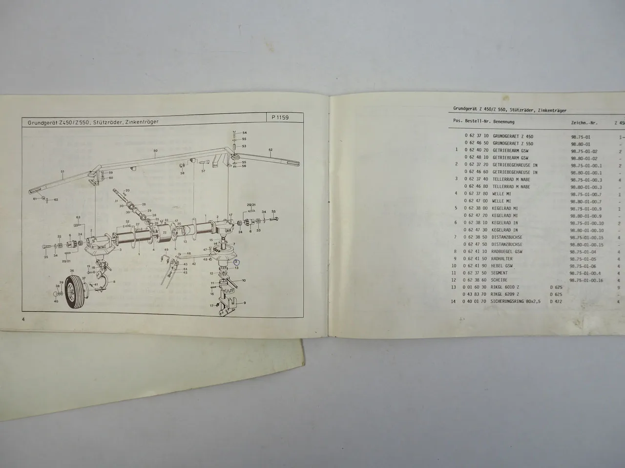 Stoll Z450D Z550D Zettwender Bedienungsanleitung Ersatzteilliste 1989