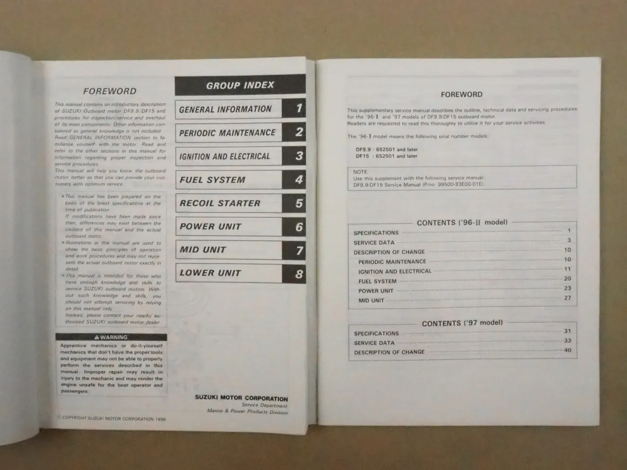 Suzuki DF9.9 15 Outboard Motor Service Manual Werkstatthandbuch 1996