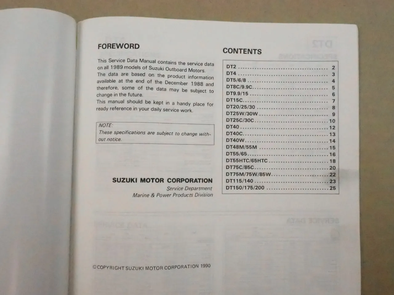 Suzuki DT2 - DT200 Outboard Motor Service Data Manual for 1989 Models