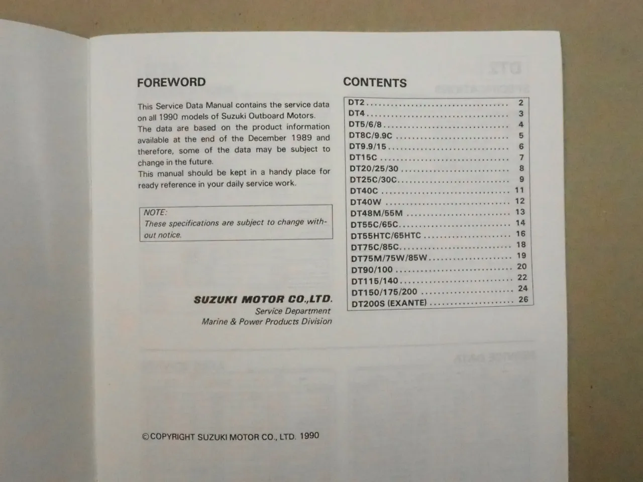 Suzuki DT2 - DT200 Outboard Motor Service Data Manual for 1990 Models