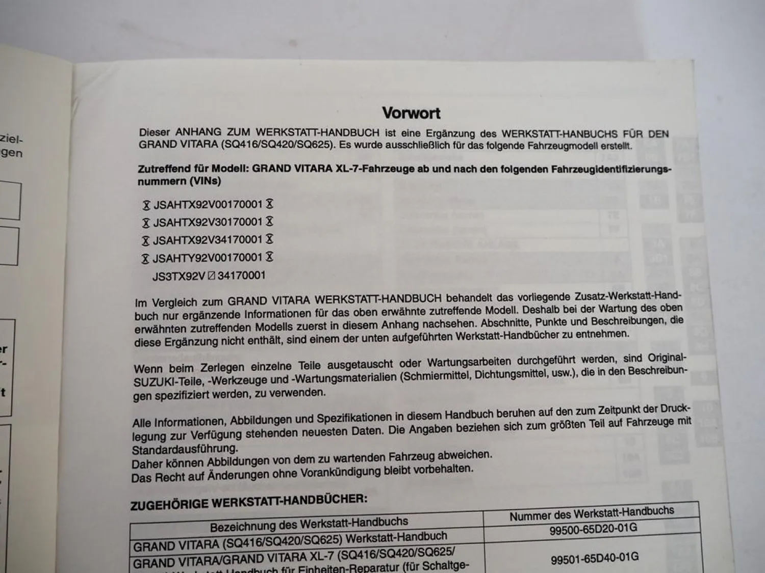 Suzuki Grand Vitara XL-7 JA621 Reparaturanleitung 2003 Nachtrag Werkstatthandbuch