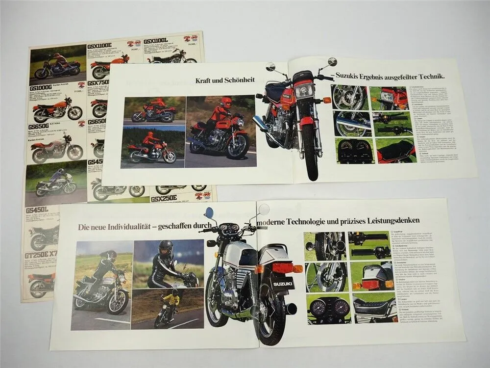 Suzuki GS GT GSX 250E 750E Motorrad 3x Prospekt 1980er Jahre