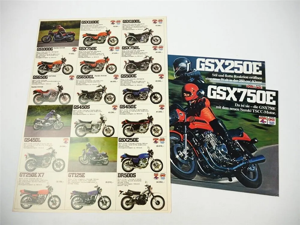 Suzuki GS GT GSX 250E 750E Motorrad 3x Prospekt 1980er Jahre