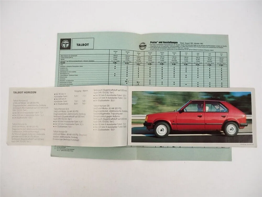 Talbot PKW Gesamtprogramm Prospekt Preisliste 1982