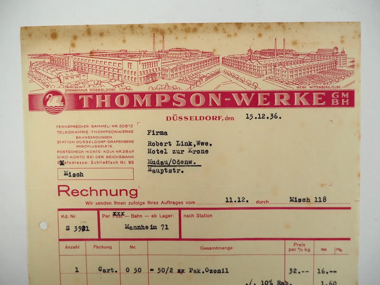 Thompson Werke GmbH Düsseldorf Waschmittel 6x Rechnung 1936 bis 1940