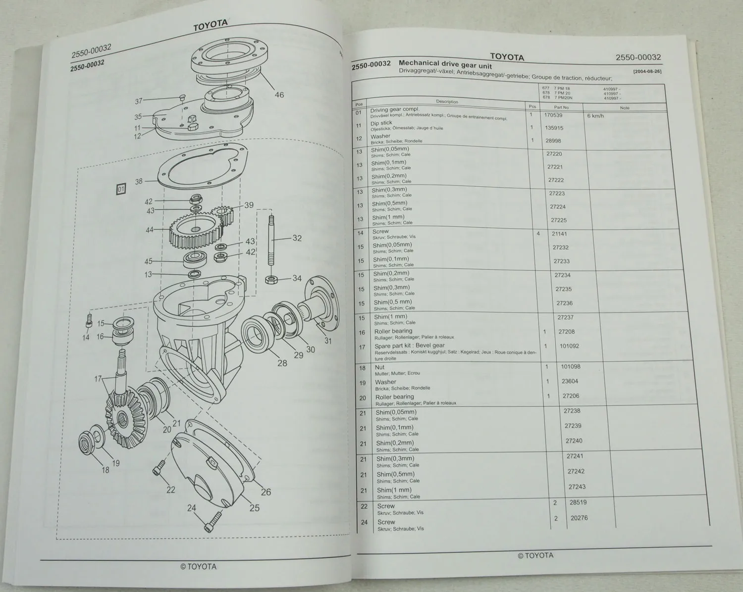 Toyota 7PM 18 20 20N Pallet Truck Hubwagen Parts List Ersatzteilliste 8/2005