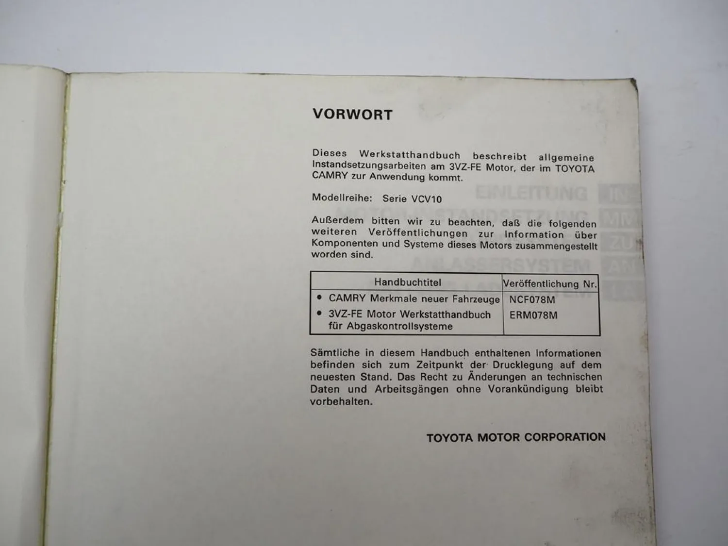 Toyota Camry VCV10 Werkstatthandbuch 3.0l V6 Motor 3VZ-FE Reparaturanleitung