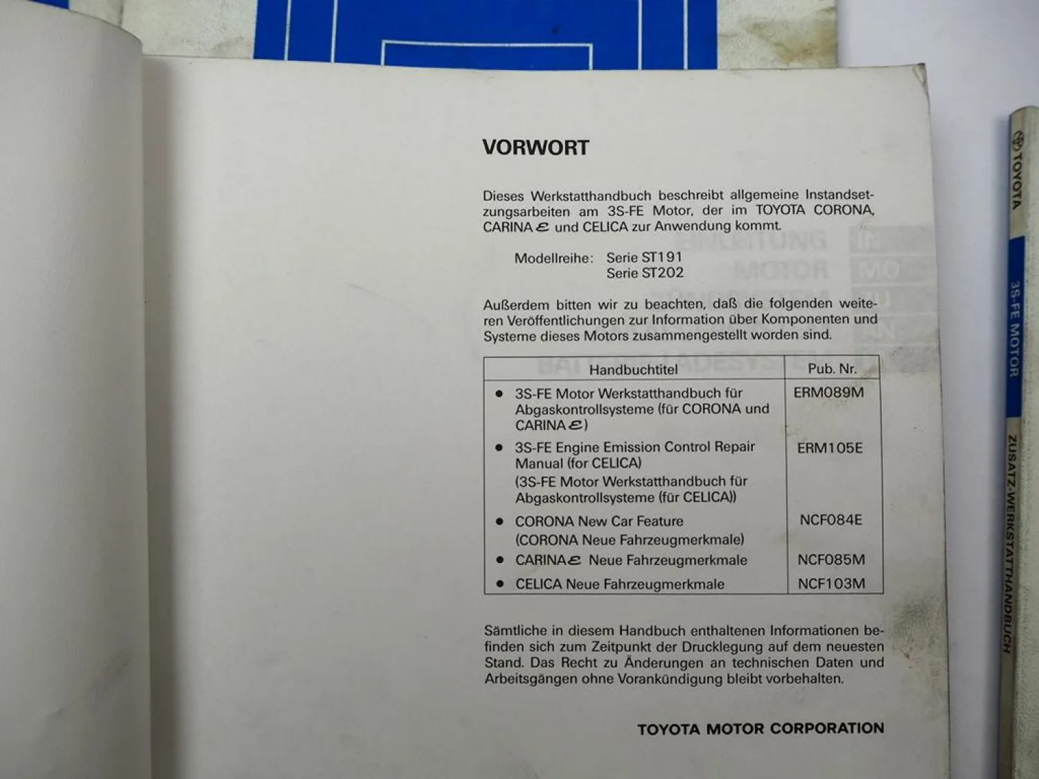 Toyota Carina E Celica RAV4 16V 2.0L 3S-FE Motor Werkstatthandbuch 1993-1997