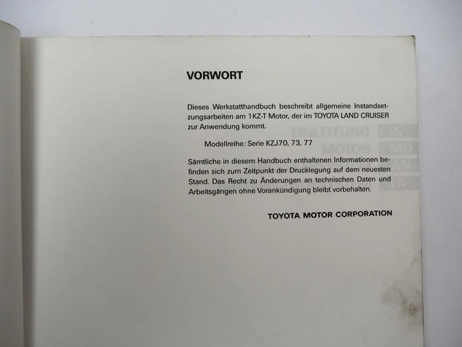 Toyota Landcruiser KZJ70 KZJ73 KZJ77 3.0 l TD Motor 1KZ-T Werkstatthandbuch 1993