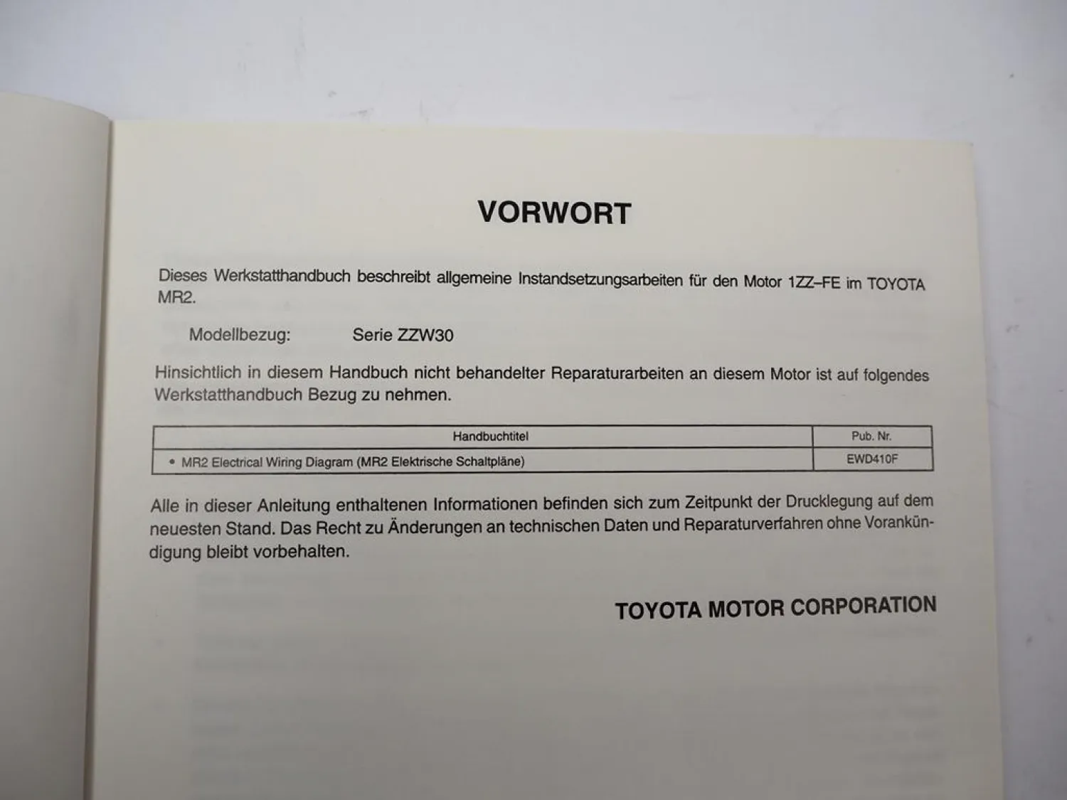 Toyota MR2 ZZW30 Werkstatthandbuch 1.8 16V Motor 1ZZ-FE Reparaturanleitung 1999