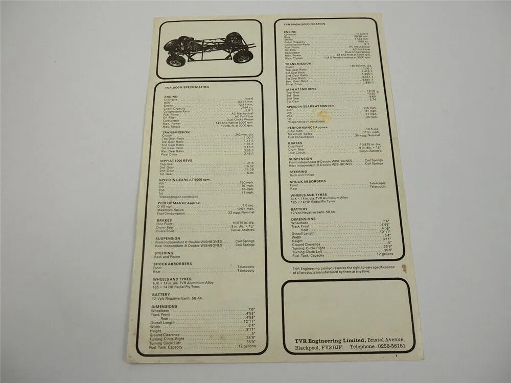 TVR 3000M 1600M Car Prospekt Brochure Blackpool England 1970er Jahre