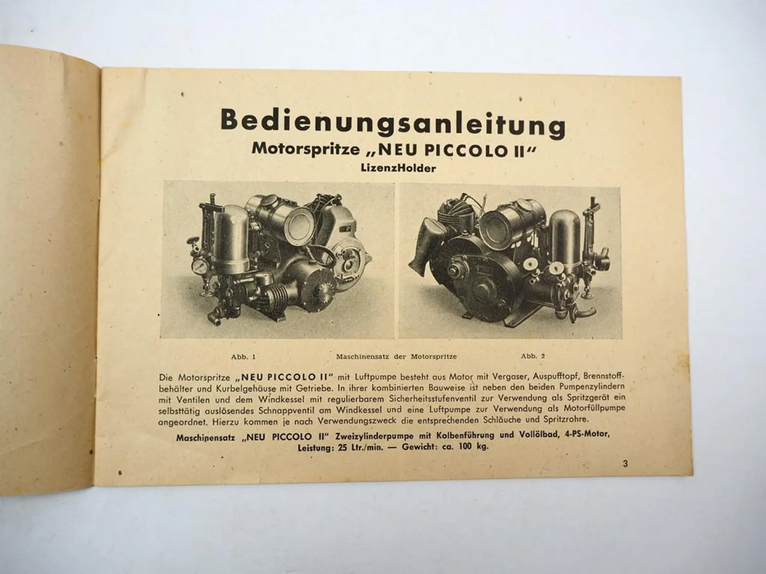 Uetersen Neu Piccolo II Motorspritze Betriebsanleitung Ersatzteilliste 1947