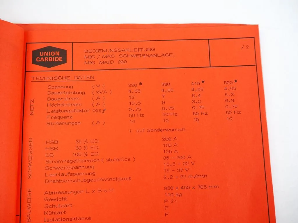 Union Carbide MIGMAG Maid 200 Schweissanlage Bedienungsanleitung Ersatzteil 1978