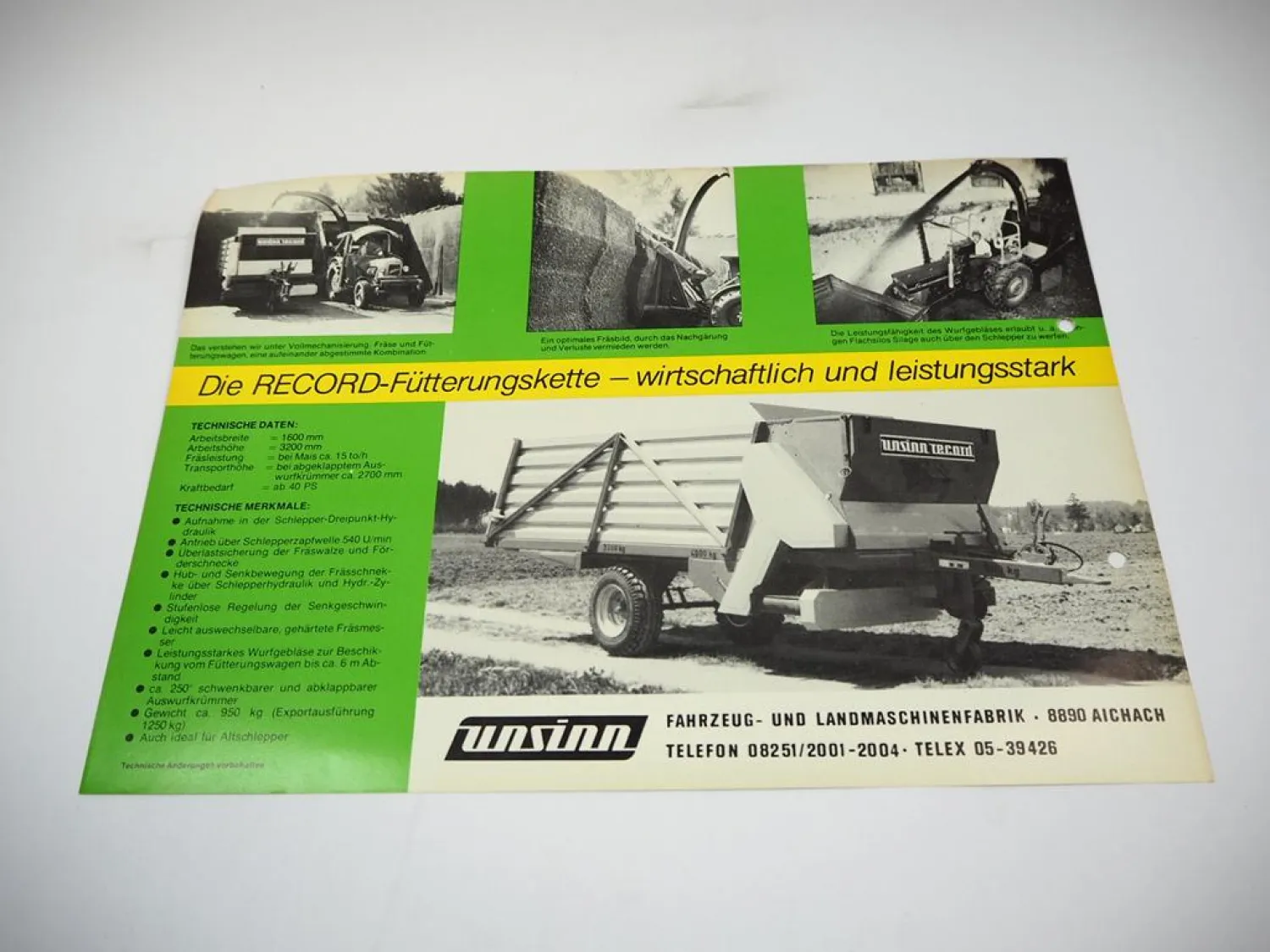 Unsinn Record Flachsilofräse an Eicher Fendt IHC Traktoren Prospekt 70er