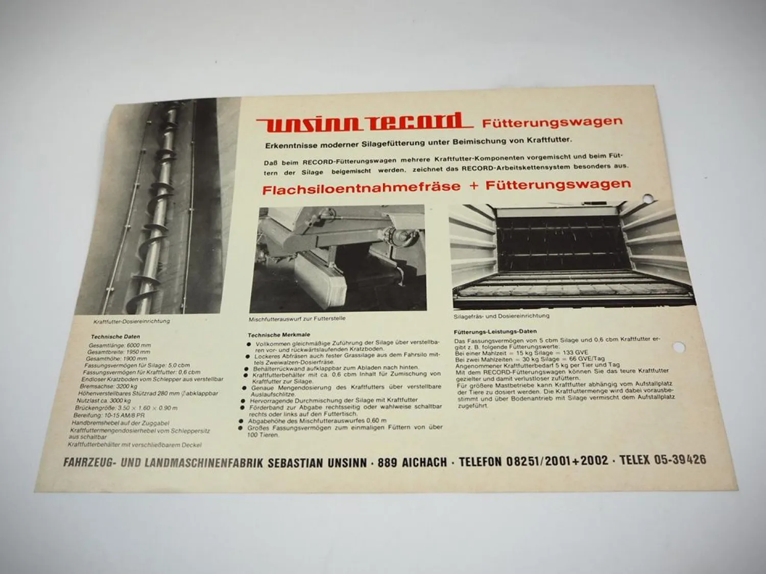 Unsinn Record Fütterungswagen Silage Kraftfutter Prospekt Techn. Daten 1970er