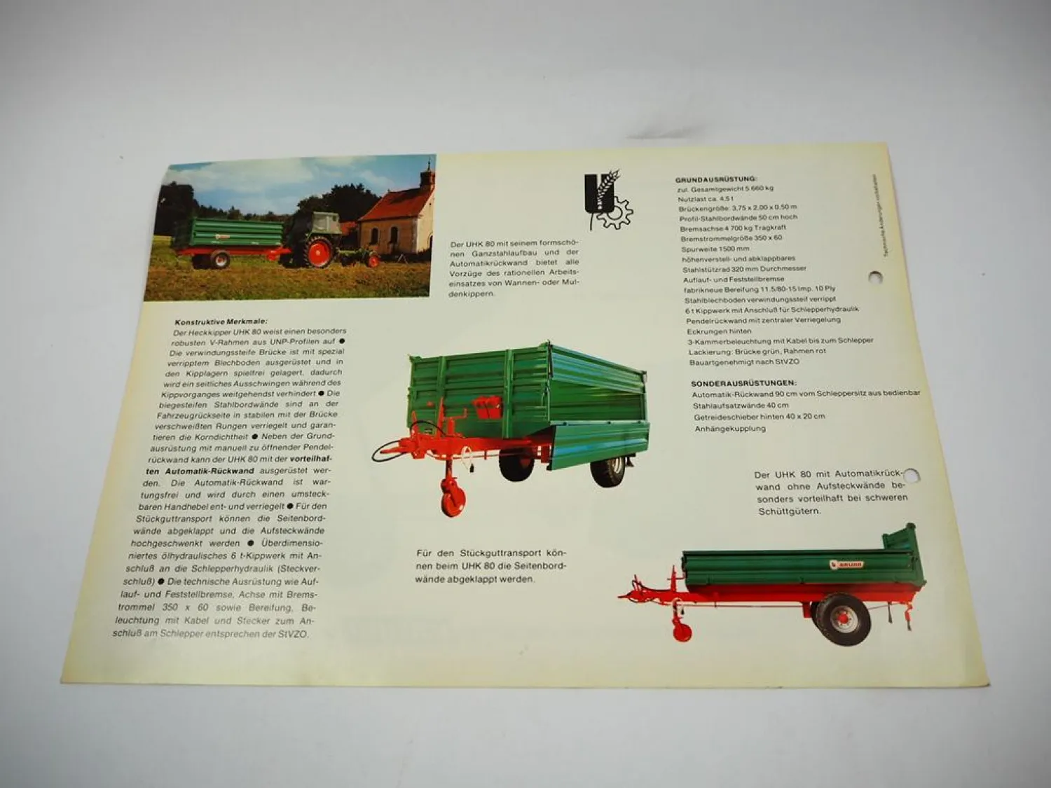 Unsinn Record UHK 80 Einachsheckkipper Prospekt Technische Daten 70er
